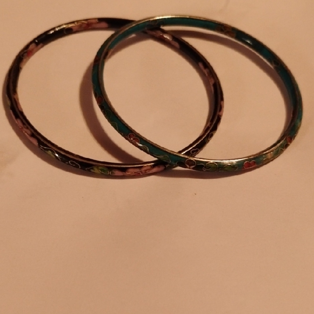 2 Cloisonne Floral Enamel Bangle Set